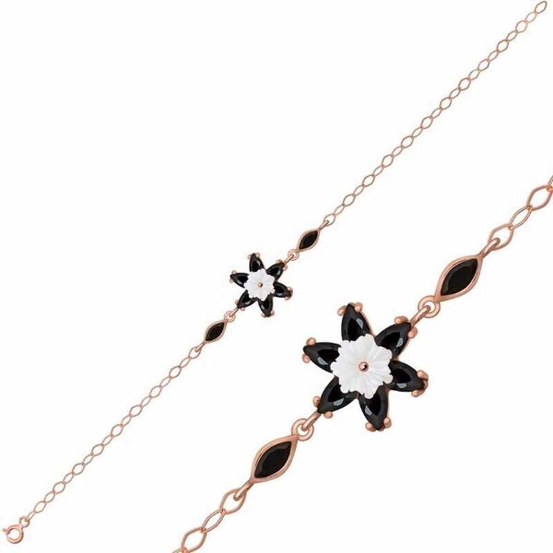 Silver Rose Black Lotus Flower Bracelet
