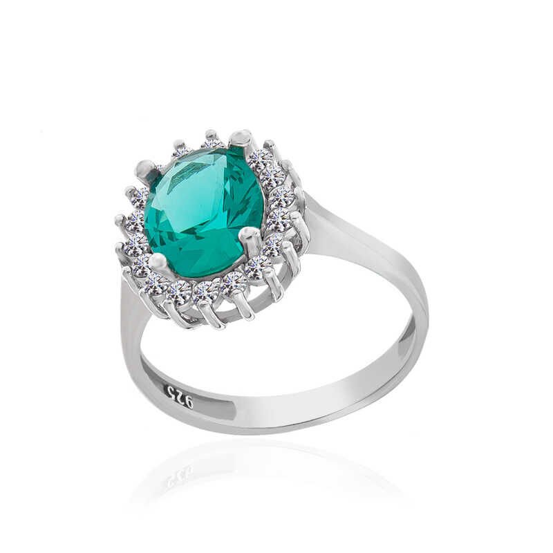 Silver Dark Green Stone Oval Women's Ring