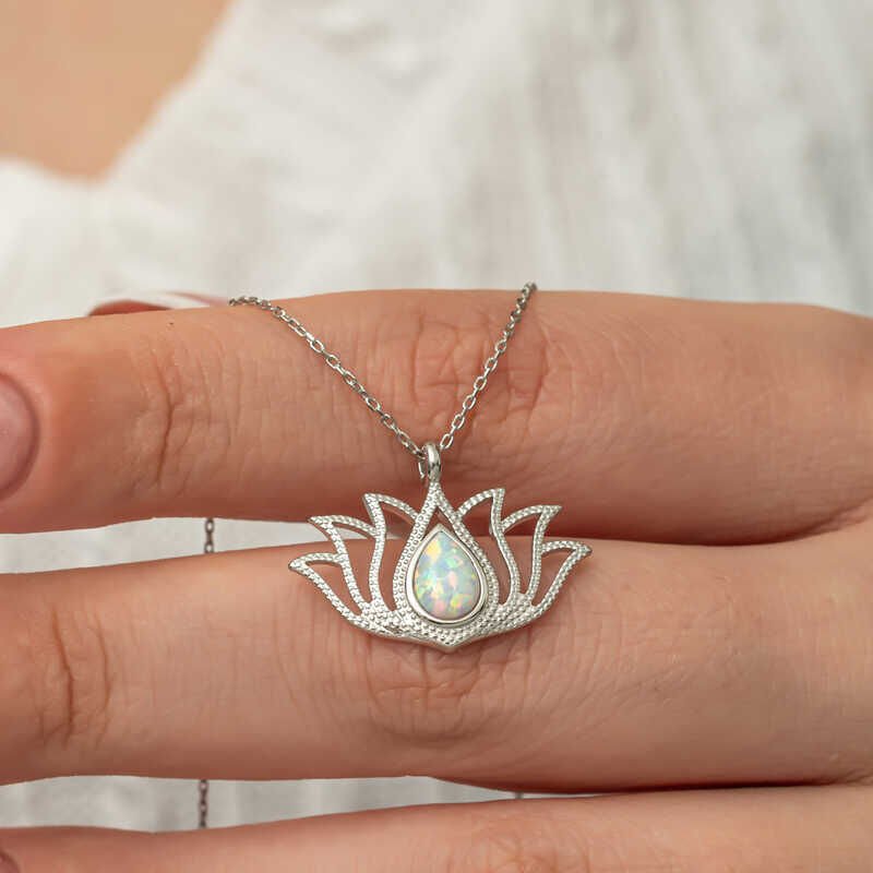Silver White Opal Stone Lotus Women's Necklace