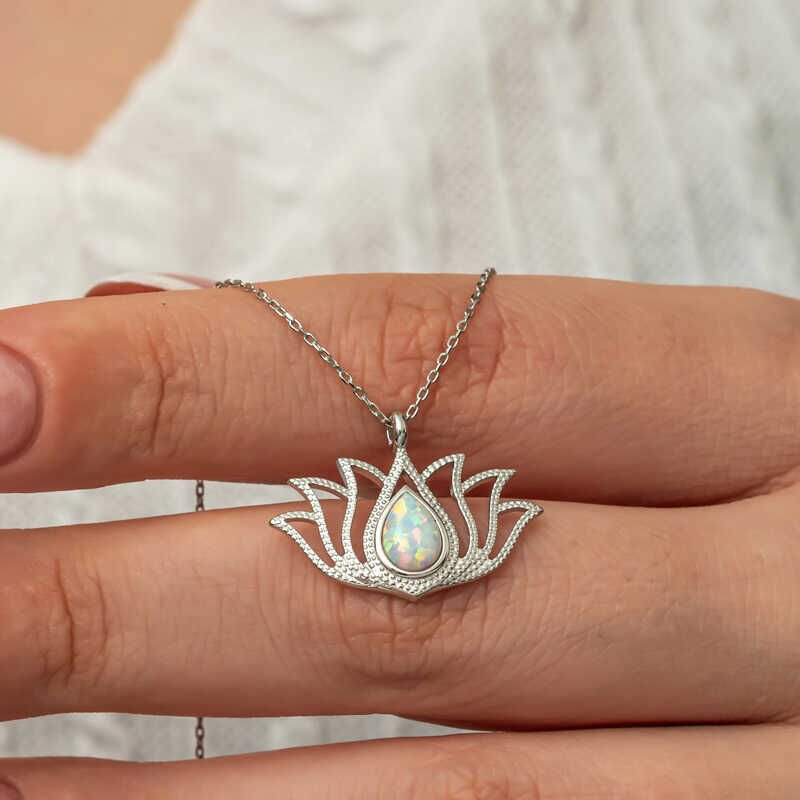 Silver White Opal Stone Lotus Women's Necklace