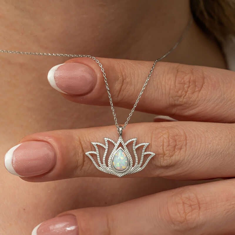 Silver White Opal Stone Lotus Women's Necklace