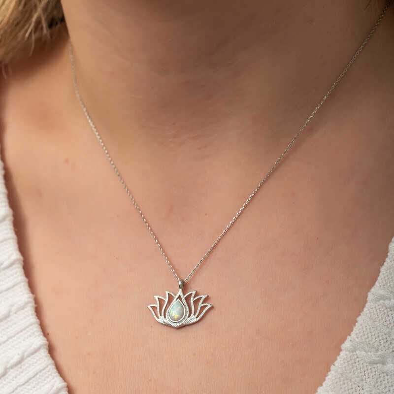 Silver White Opal Stone Lotus Women's Necklace