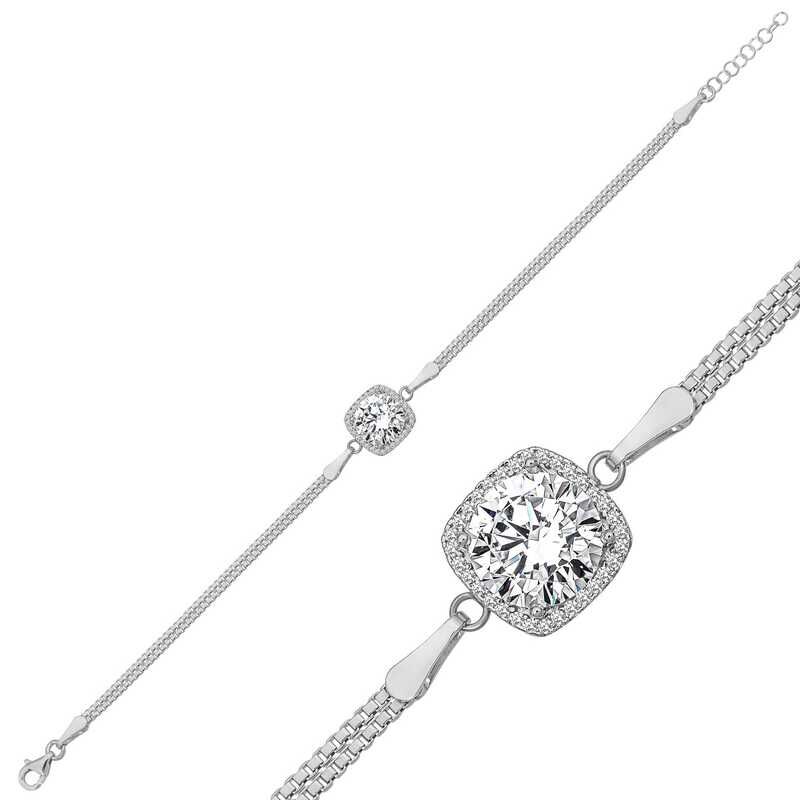 Silver Square Mount White Stone Women's Bracelet