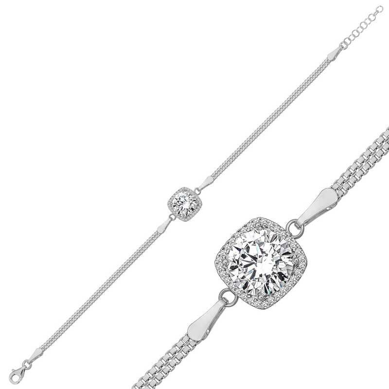 Silver Square Mount White Stone Women's Bracelet
