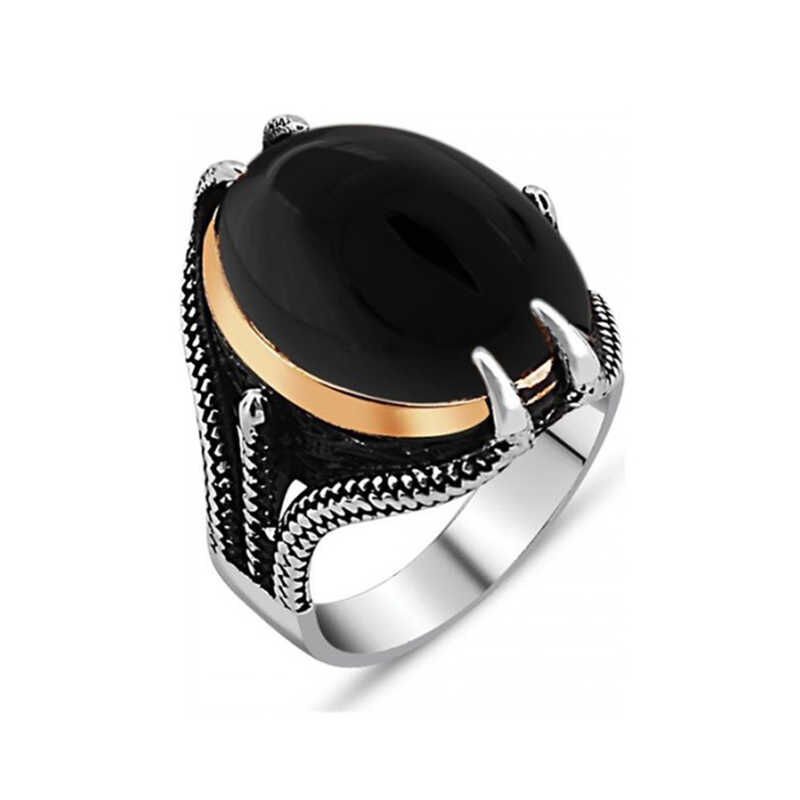 Silver Black Stone Eagle Claw Men's Ring