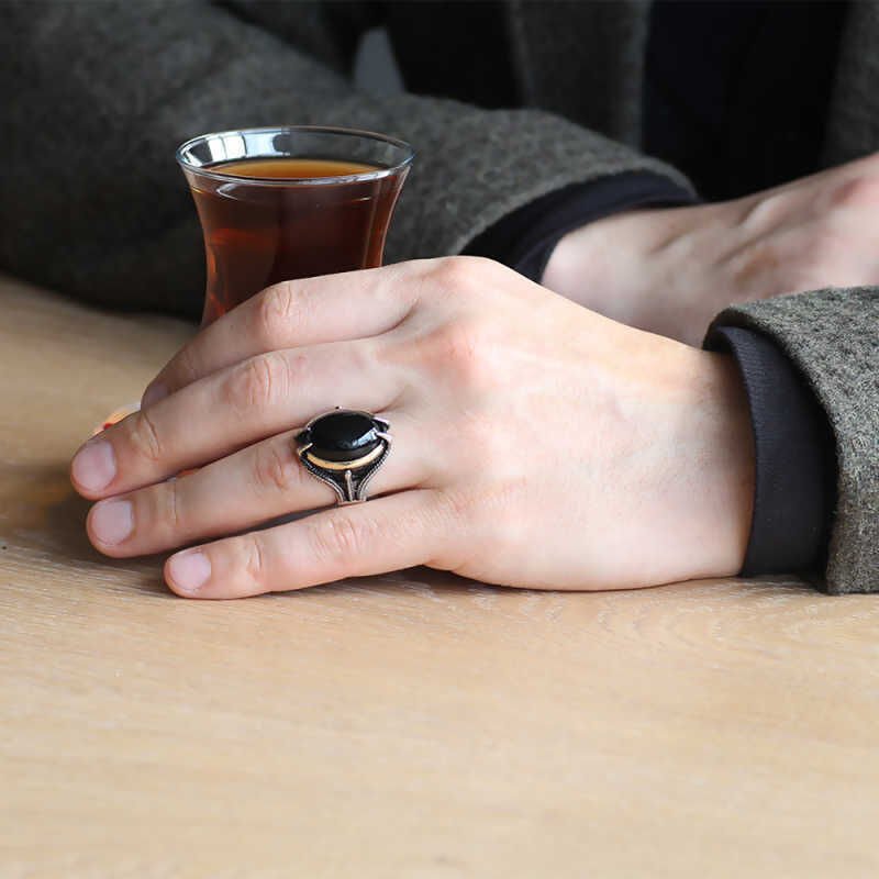 Silver Black Stone Eagle Claw Men's Ring