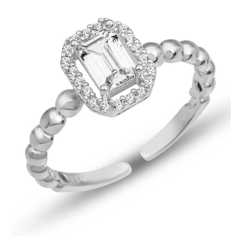 Silver Adjustable White Baguette Stone Women's Ring
