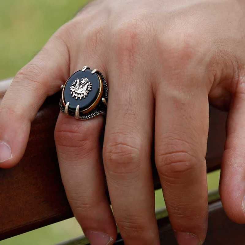 Silver Black Stone Eagle Claw Ottoman State Coat of Arms Men's Ring