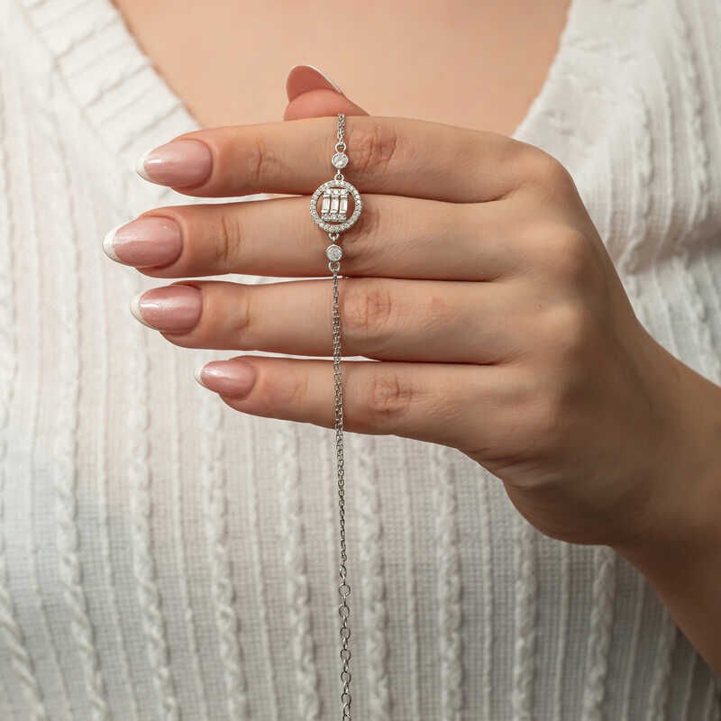 Silver Round Baguette Stone Women's Bracelet