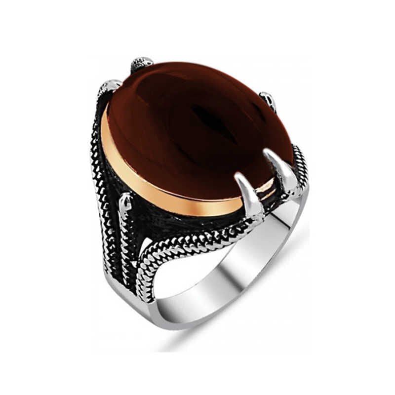 Silver Agate Stone Eagle Claw Men's Ring