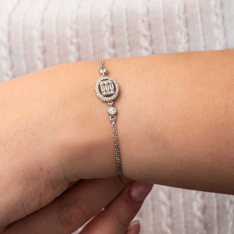 Silver Oval Baguette Stone Women's Bracelet