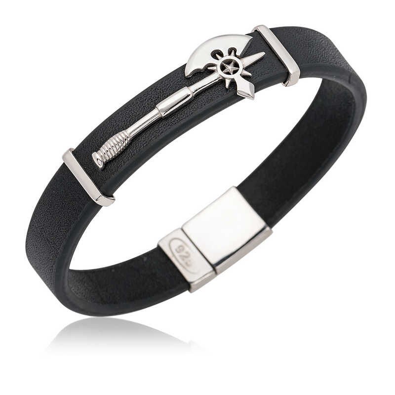 Silver Axe Figured Leather Men's Bracelet