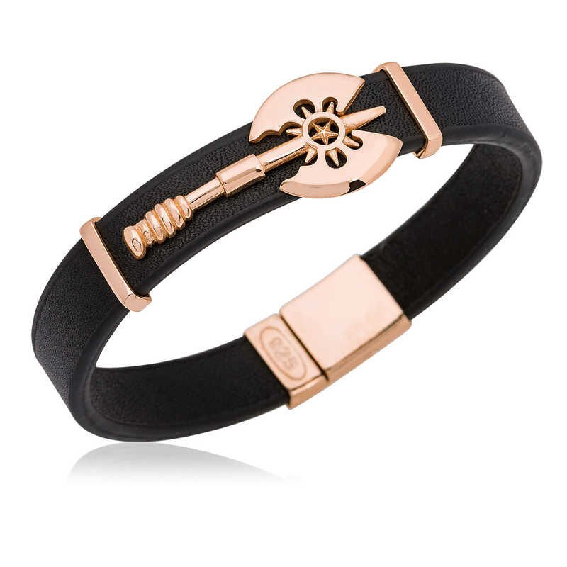 Silver Double Sided Axe Figured Leather Men's Bracelet