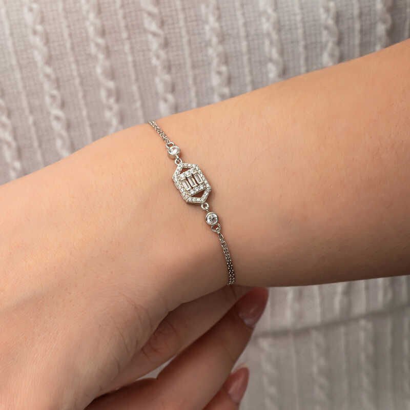 Silver Hexagon Baguette Stone Women's Bracelet