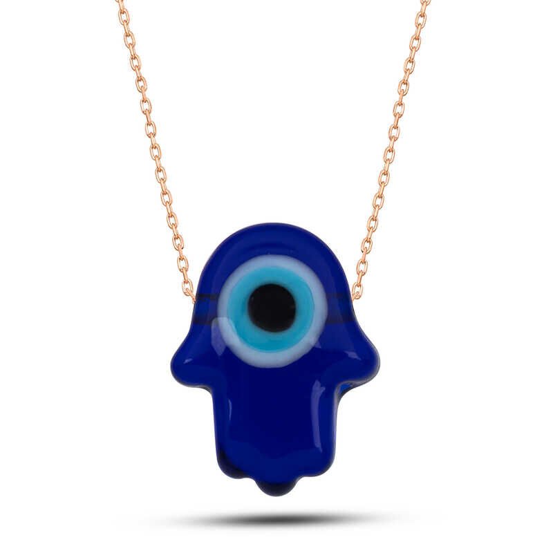 Silver Rose Blue Evil Eye Glass Fatima Mother's Hand Women's Necklace