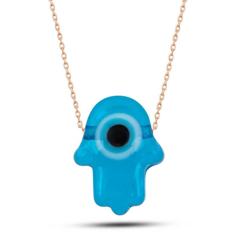 Collar de mujer con ojo malvado de Fátima de cristal azul y rosa de plata