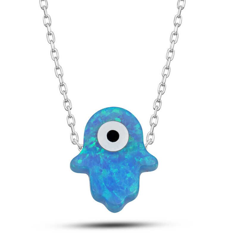 Collar de plata con ojo malvado azul y ópalo Fátima para mujer con mano de la madre