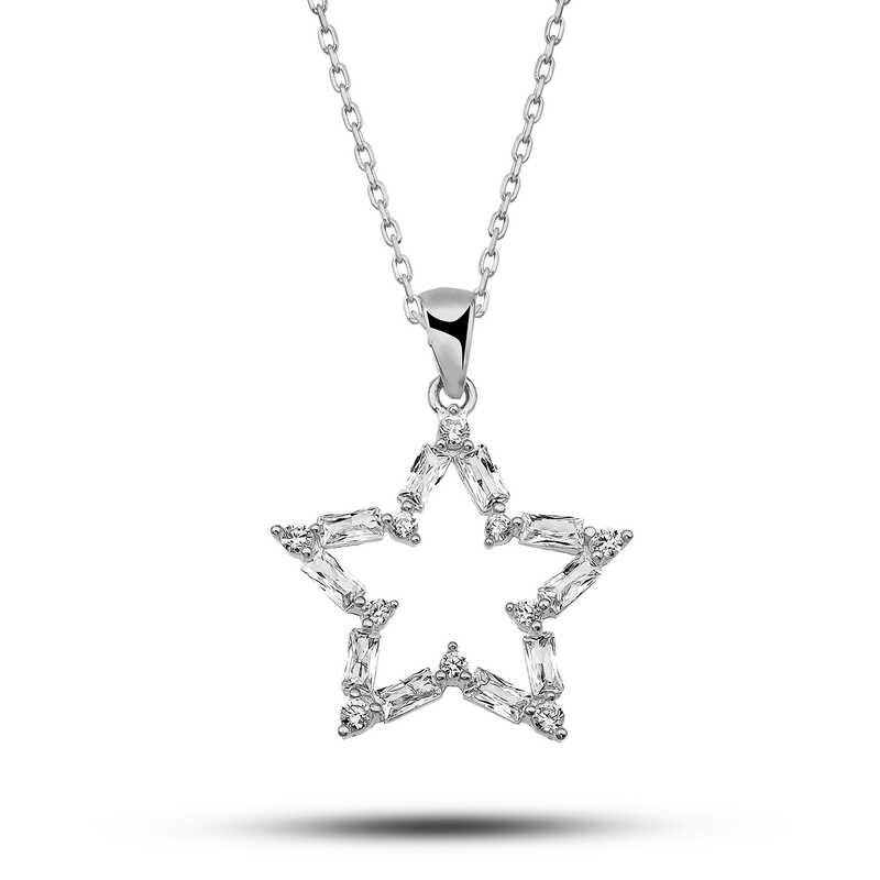 Silver Baguette Stone Star Women's Necklace