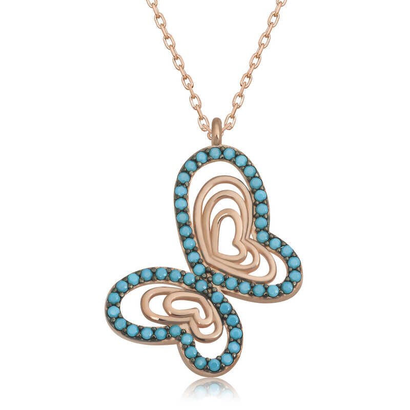 Silver Rose Turquoise Stone Butterfly Women's Necklace