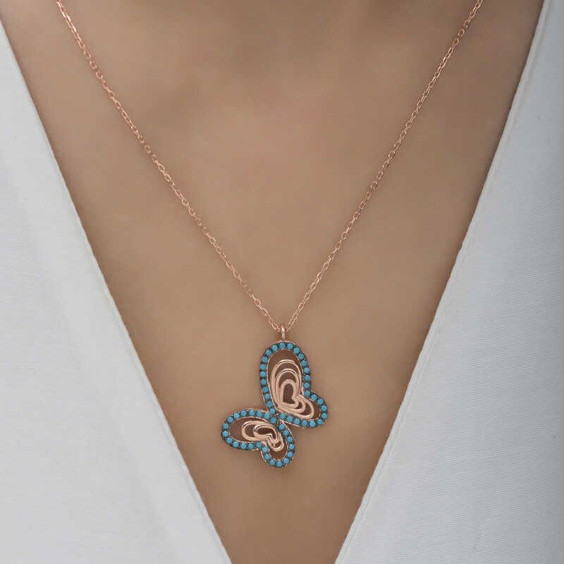 Silver Rose Turquoise Stone Butterfly Women's Necklace