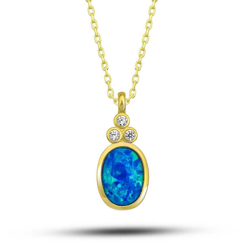 Silver Gold Blue Opal Stone Pineapple Women's Necklace