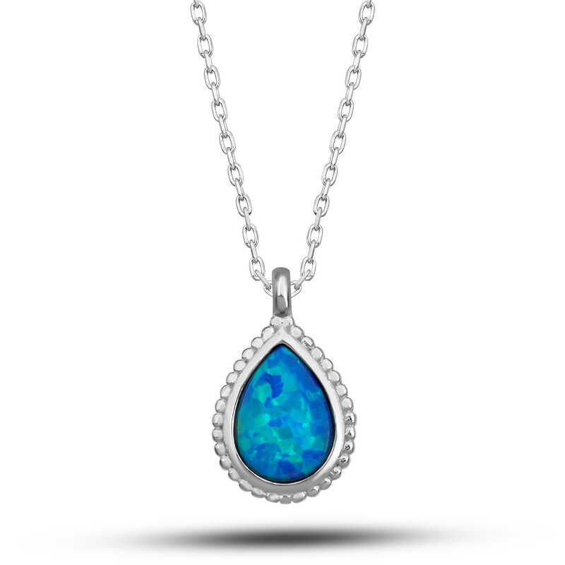 Silver Drop Blue Opal Stone Women's Necklace