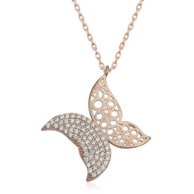 Collar de mariposa rosa de plata para mujer