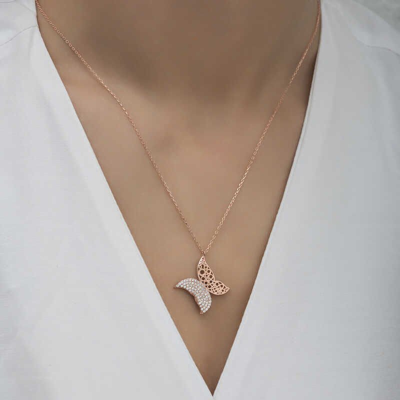 Collar de mariposa rosa de plata para mujer