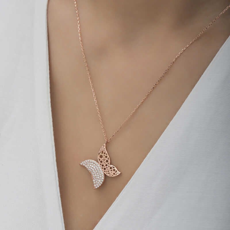 Collar de mariposa rosa de plata para mujer