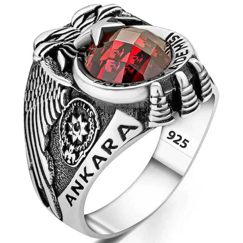 Silver Police Academy Red Stone Men's Ring