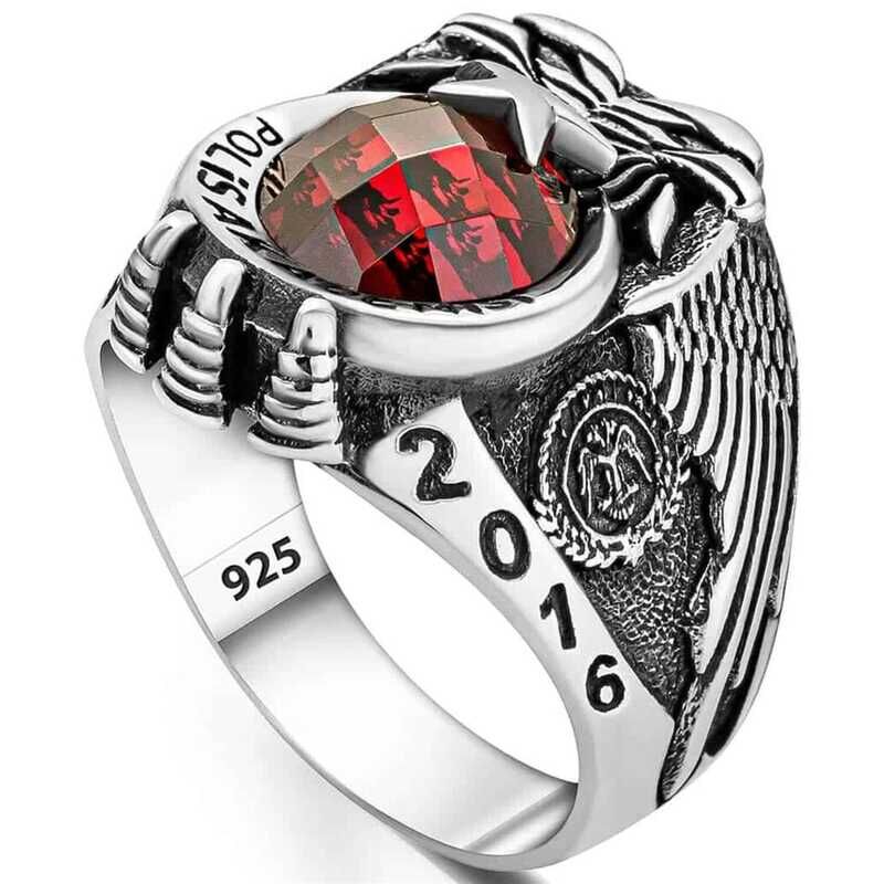 Silver Police Academy Red Stone Men's Ring