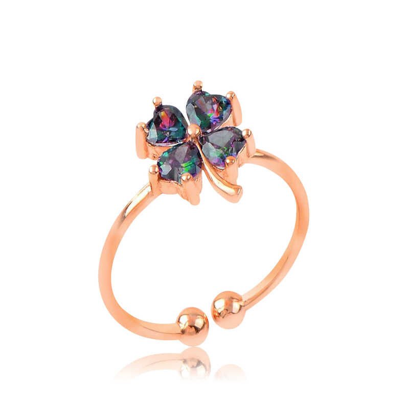 Silver Rose Mystic Topaz Clover Women's Ring