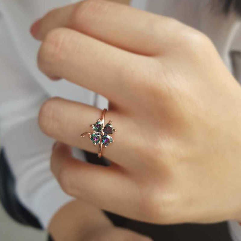 Silver Rose Mystic Topaz Clover Women's Ring