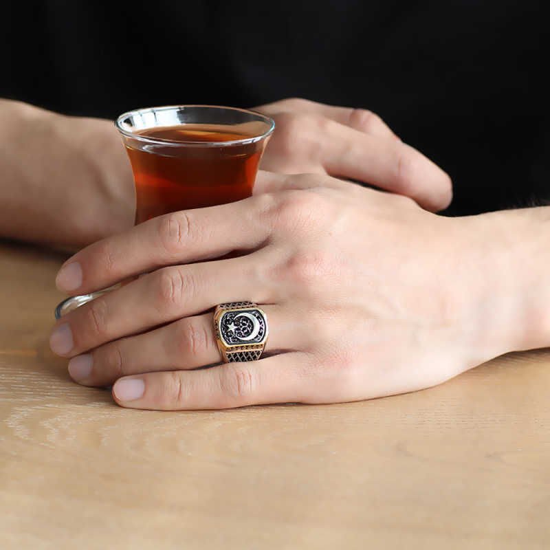 Silver Turkish Flag Crescent Star Men's Ring