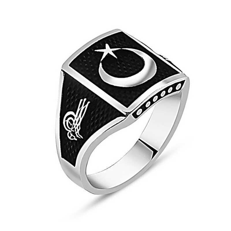 Silver Tughra Crescent Star Men's Ring