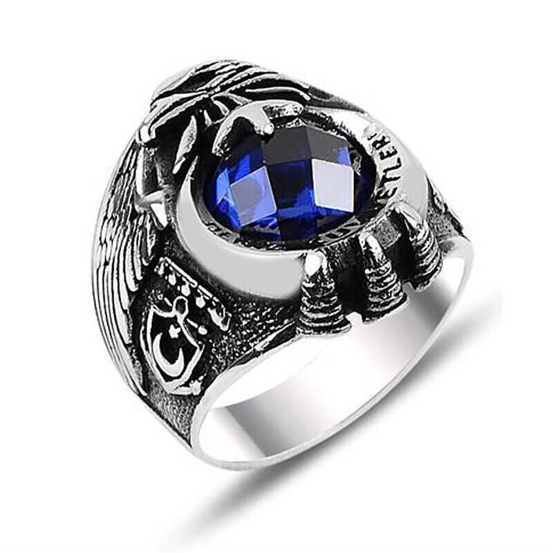Silver Star and Crescent Navy Blue Stone Men's Ring