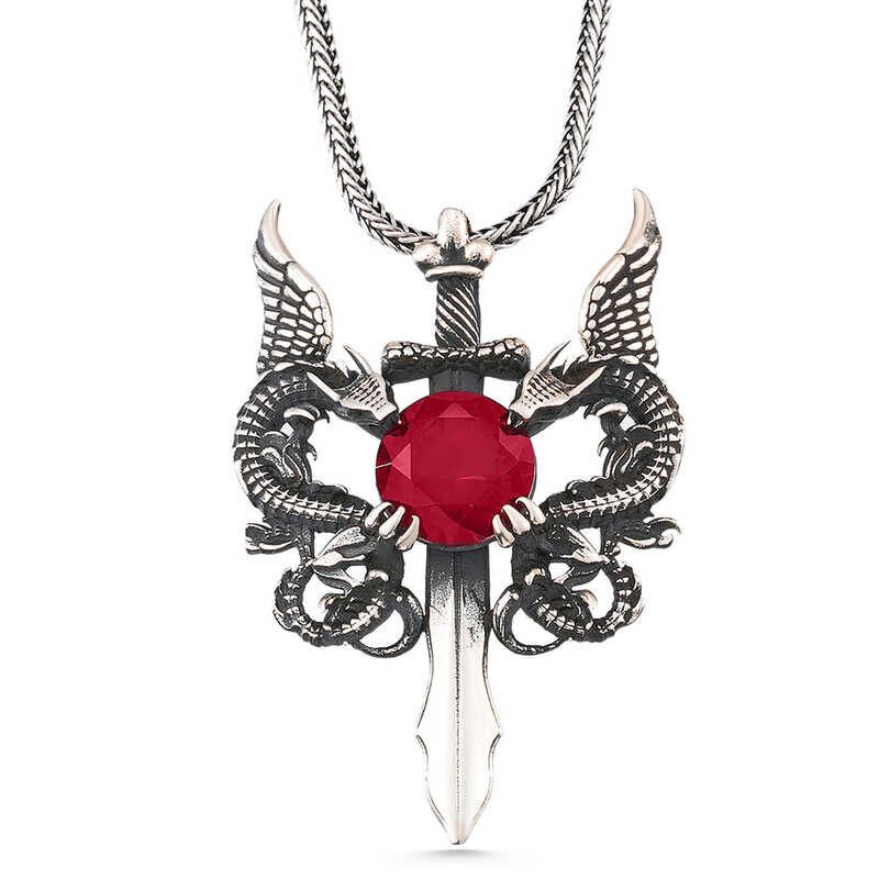 Silver Red Stone Dragon Men's Sword Necklace