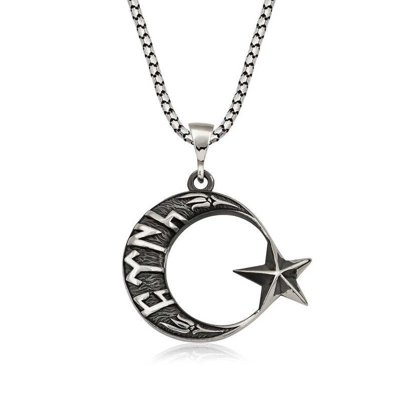 Silver Gokturkish Turkish Written Crescent Star Men's Necklace