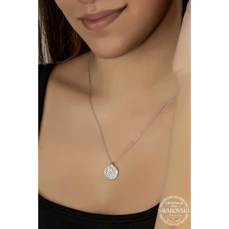 قلادة نسائية فضية مستديرة مرصعة بأحجار كريستال سواروفسكي