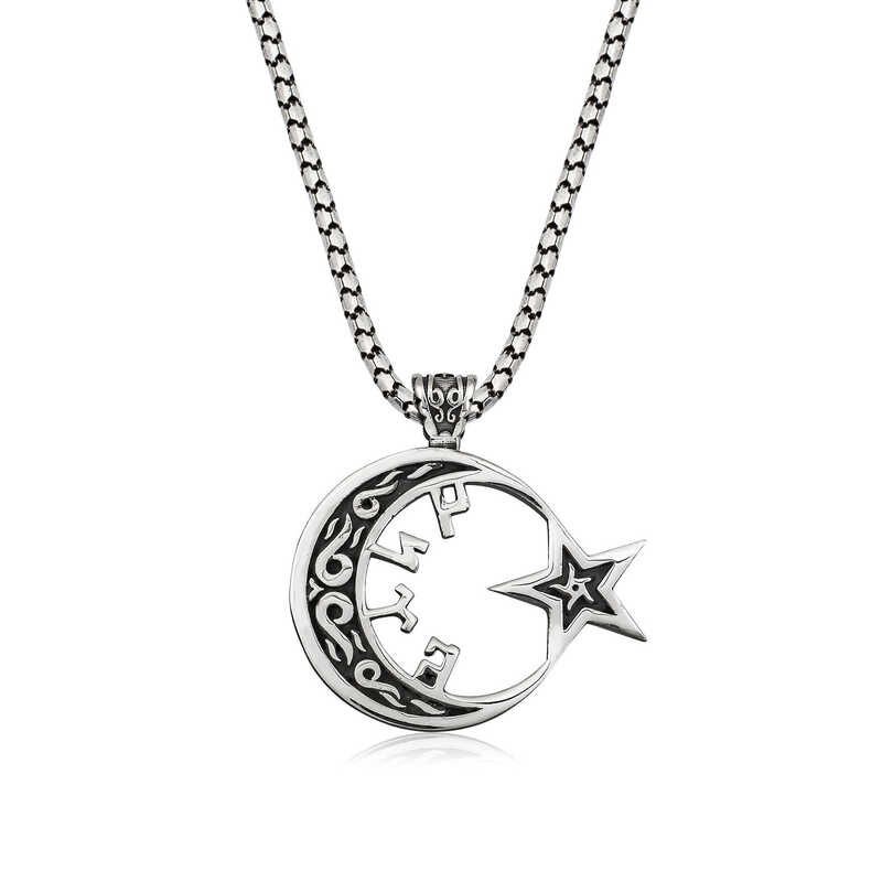 Silver Gokturk Turkish Written Crescent Star Men's Necklace