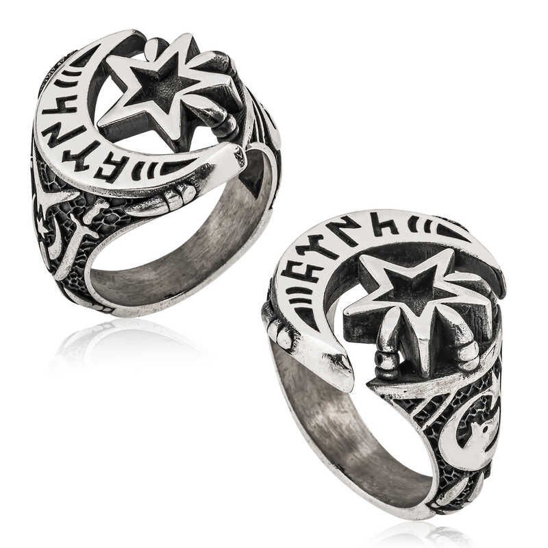 Silver Gokturkish ''Turkish'' Written Crescent Star Men's Ring