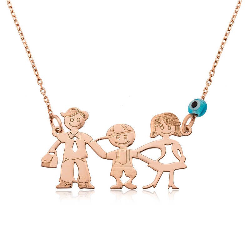 Collar de mujer con la familia feliz y rosa de plata