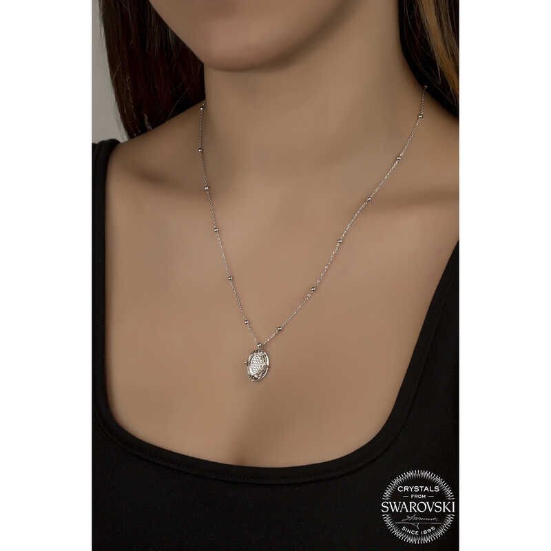 Collar de plata ovalada con cadena de bolas y piedras de cristal de Swarovski para mujer