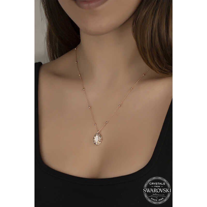 Swarovski Crystal Stone Rose Ball Chain Oval Silver Women's Necklace