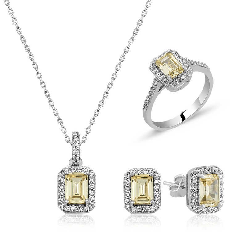 Silver Baguette Yellow Topaz Stone Women's Set