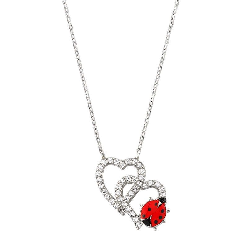 Silver Ladybug Double Heart Women's Necklace