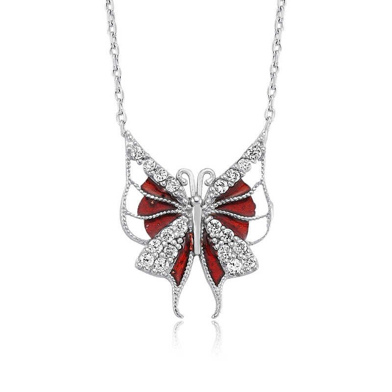 Collar de mariposa roja plateada para mujer