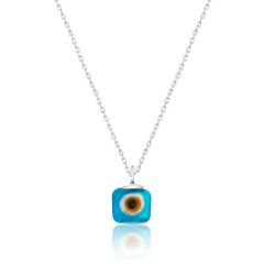 Collar de ojo de cristal cuadrado de plata con ojo malvado para mujer