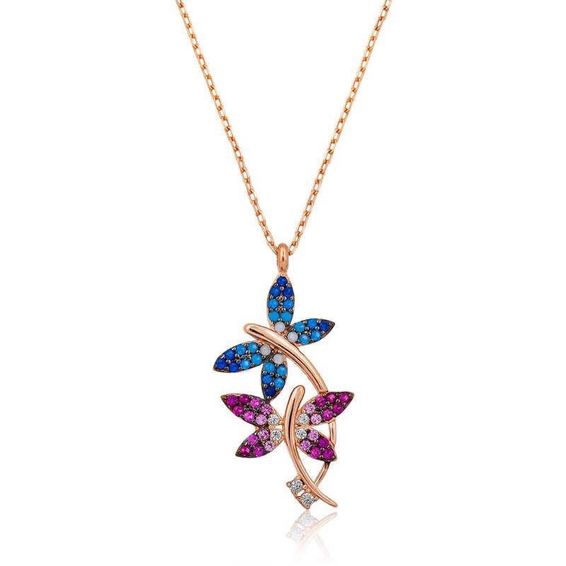 Collar de mujer con doble mariposa y rosa de plata