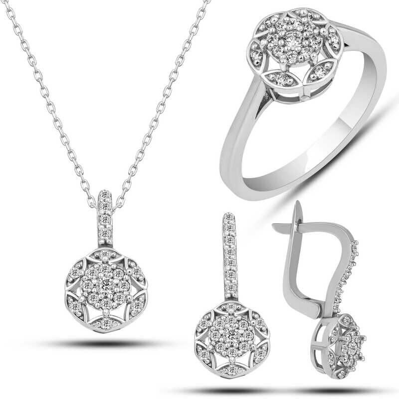 Conjunto de flor de piedra de circonita blanca plateada para mujer